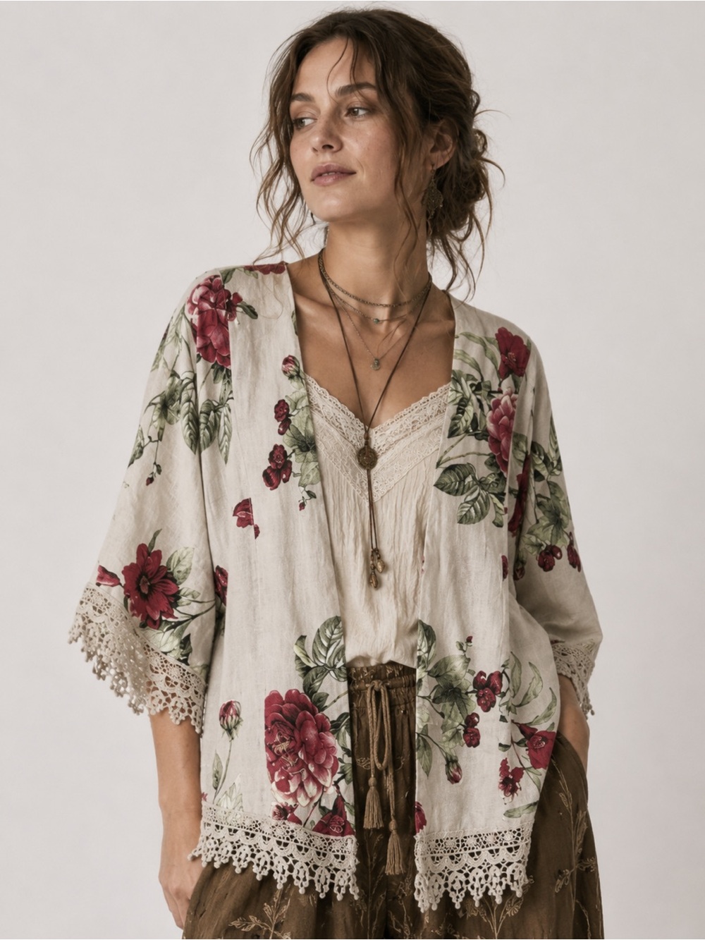 Boho 100% Linen Goblincore Floral Kimono Lace Trim Earthy Lagenlook Hobbit Fairy